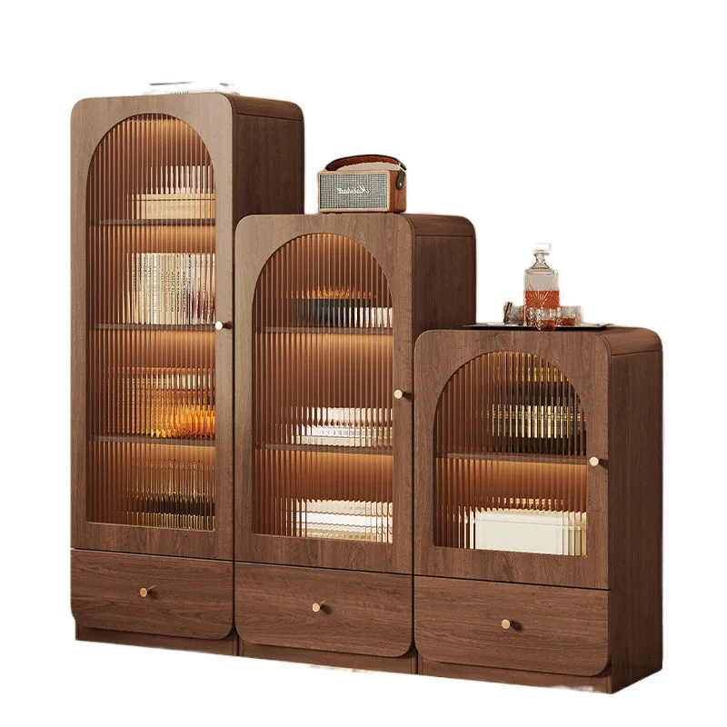 خزانة مشروبات جانبية لتناول الطعام على الزجاج الأمامي الرجعية مقابل الحائط، خزانة عمودية لغرفة المعيشة المنزلية #5