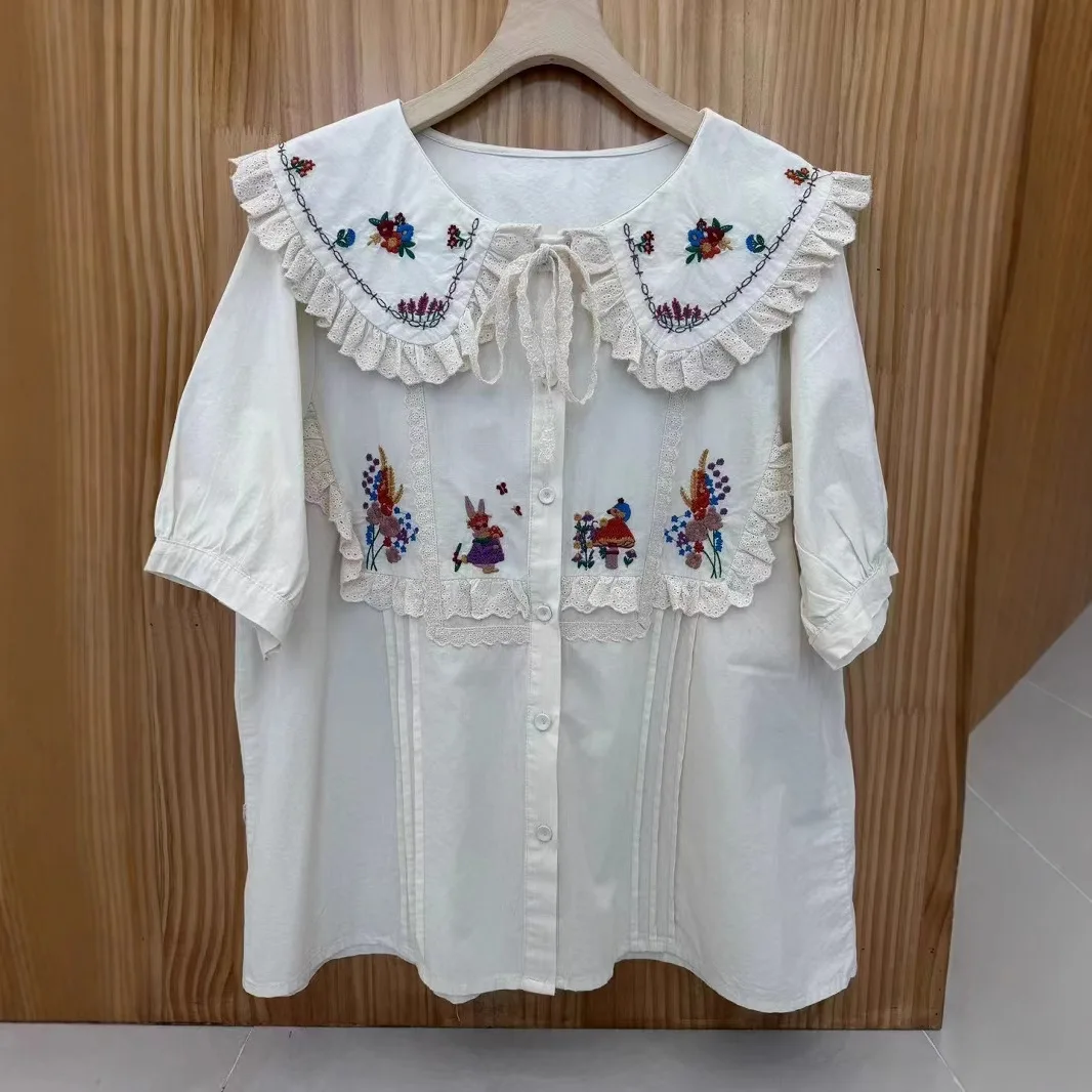 Japanese Sweet Mori Girl Lace Cartoon Embroidery Shirts Women Summer New Cute Peter Pan Collar Short Sleeve Casual Blouse Tops