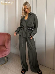 Clacive Fashion Loose Gray Trousers Sets For Women 2 Pieces Elegant Long Sleeve Blouse With High Waist Wide Pants Set Female