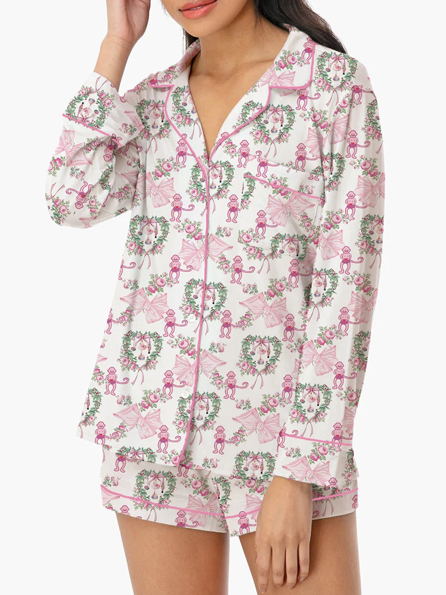 Conjunto de salón de 2 piezas para mujer, manga larga, solapa, lazo, estampado de mono, botones, tops, pantalones cortos, conjuntos de ropa de dormir