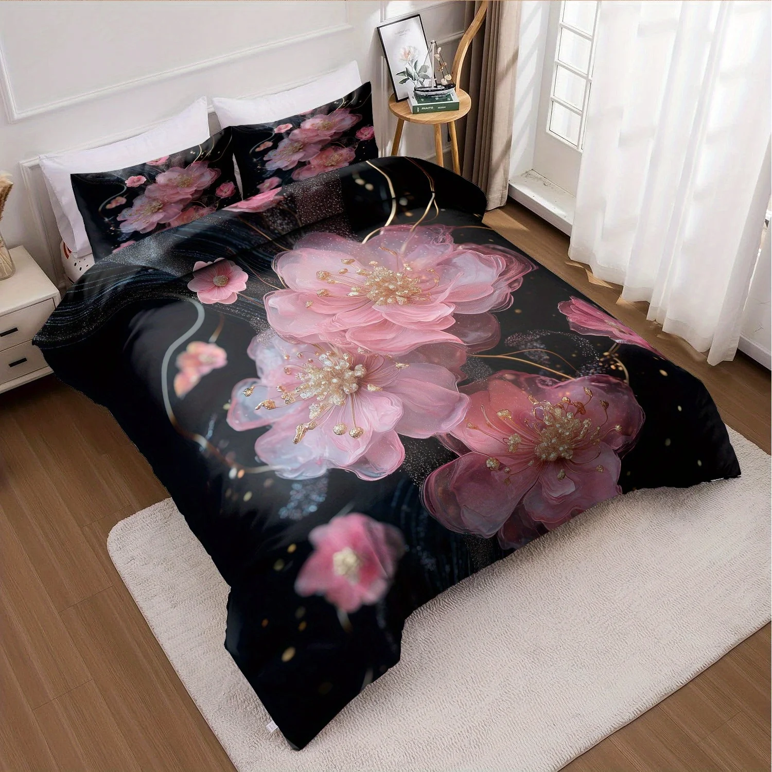 3pcs Duvet Cover Set without Core 1 Quilt Cover + 2 Pillowcases Soft and Machine Washable Bedding Set for Bedroom, Elegant Pink
