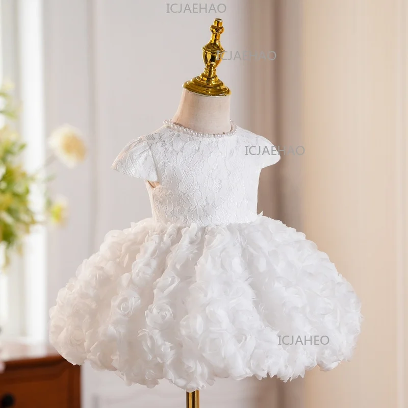 2026 First Birthday White Formal Pageant Gown Elegance Fashion Costume Children Flower Girl Wedding Baby Princess Dress Kids