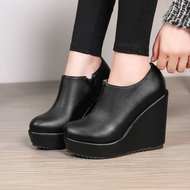 Platform Ankle Boots Ladies Fashion Wedge Shoes For Women Sexy Round Toe High Heel Black Spring Autumn Pumps Shoes Ladies