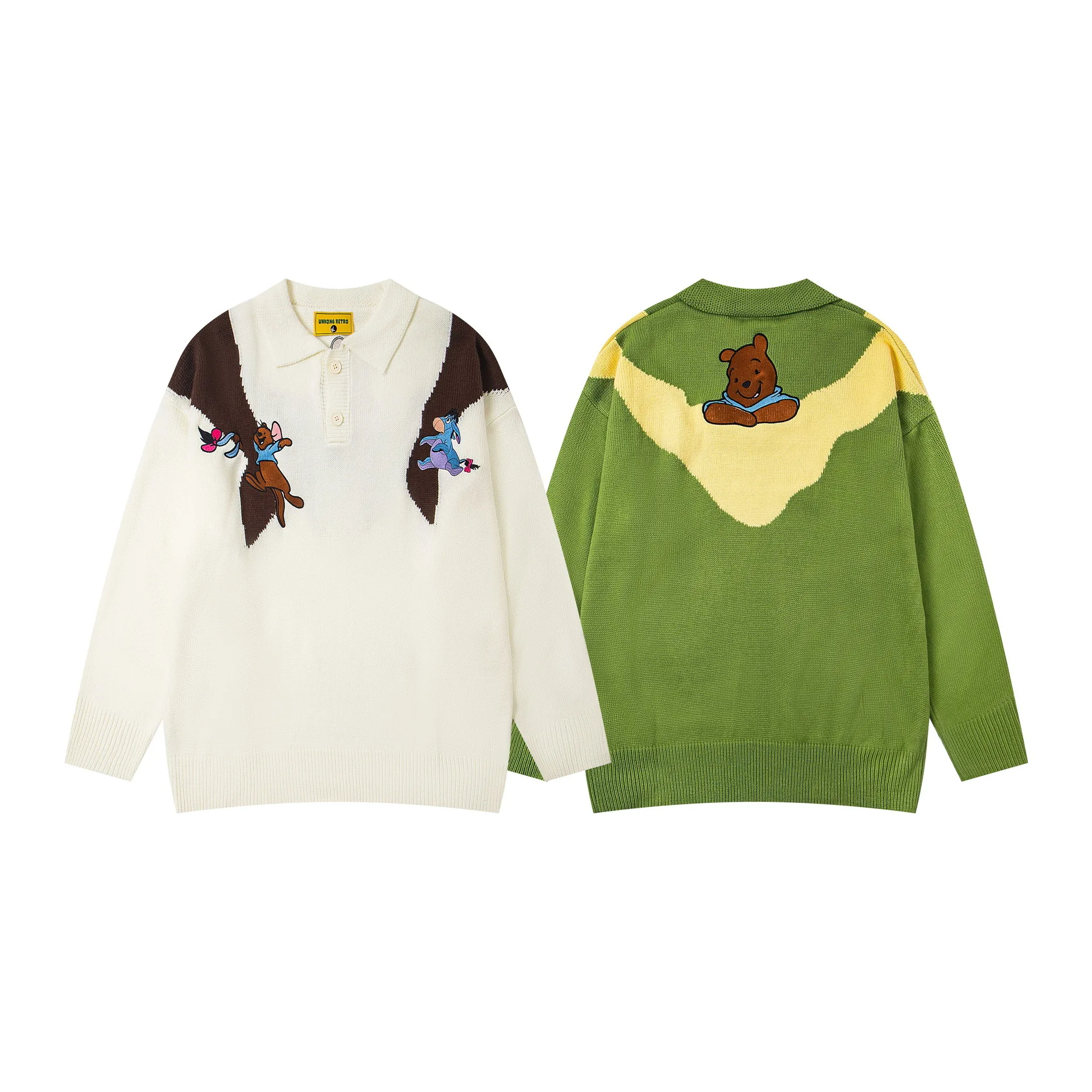 미국 레트로 베어 컬러 블록 라펠 스웨터 유니섹스 가을 루즈 캐주얼