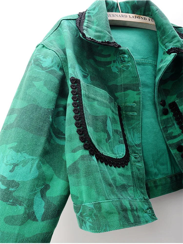 

Модная джинсовая куртка Green Tie Dye, женская ковбойская верхняя одежда, весна-осень, свободные короткие джинсы с большим карманом и длинными рукавами, женские пальто