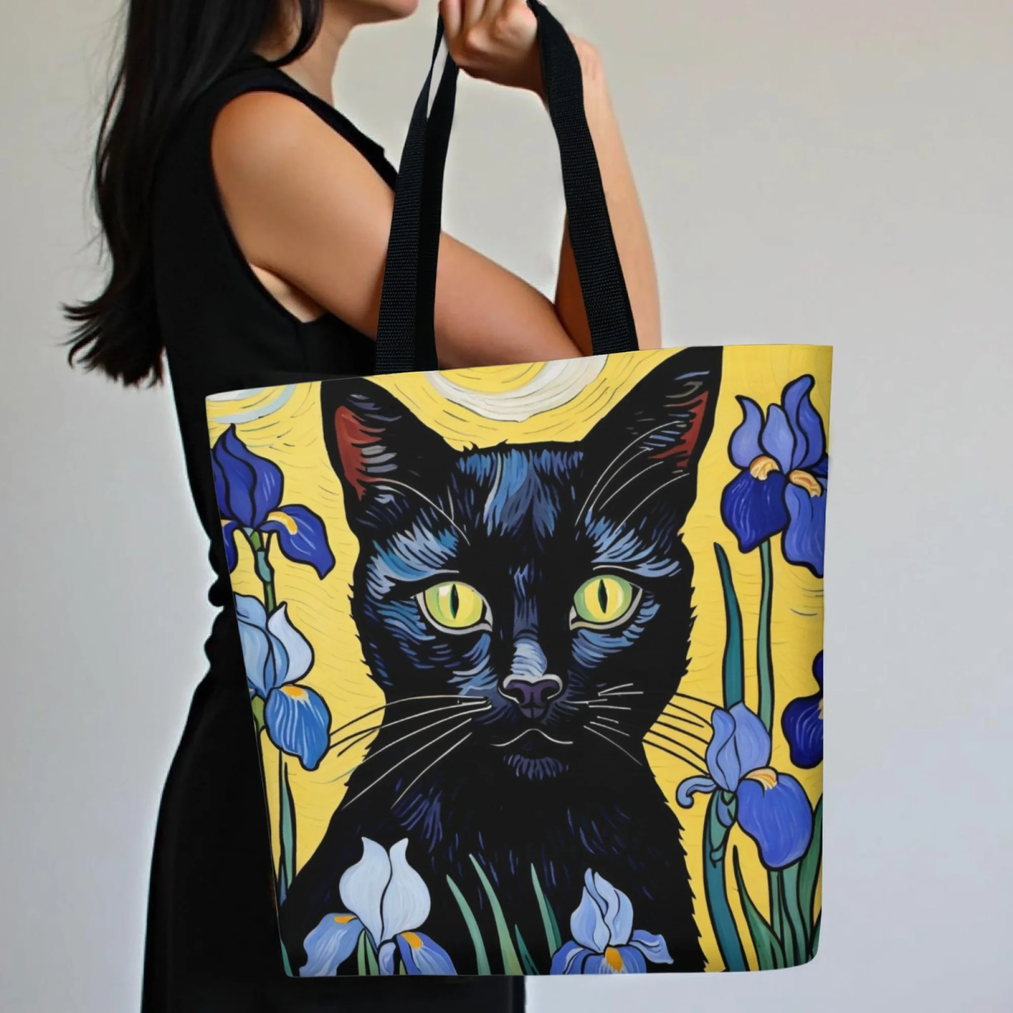 فان جوخ نمط القط الأسود والقزحية قماش حمل حقيبة الانطباعية الفن طباعة حقيبة كتف قابلة لإعادة الاستخدام هدية مثالية لمحبي الفن والقطط #2