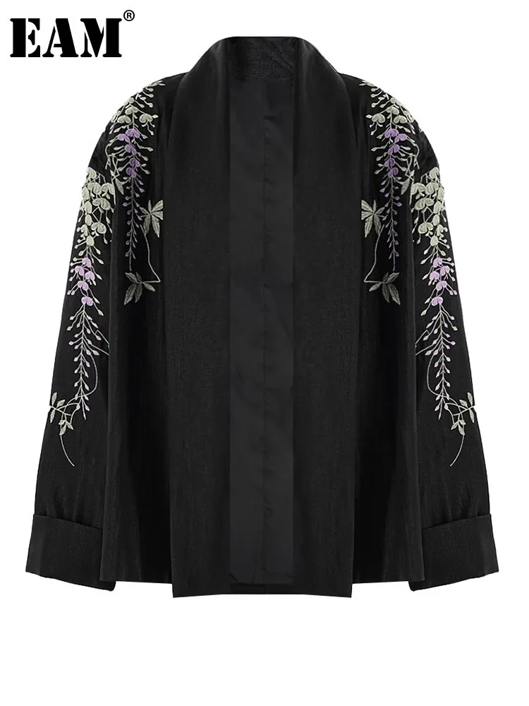 EAM Women Black Embroidery Big Size Vintage Blazer New Lapel Long Sleeve Jacket Fashion Tide Spring Autumn 2024 CPG2297