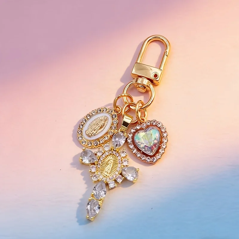 1 Piece of Elegant Religious Keychain - Gold Cross with Gemstones, Catholic Gift Suitable for Men and Women, Cute Bag Charm for Women, Fashionable Accessory, Elegant Charm Keyring, High-Quality Decorative Key Ring, Suitable for Women's Bag Trendy Accessories/Car Keychain Personalized Decoration/Party Fashion Accessory, Holiday/Birthday/Valentine's Day Gift