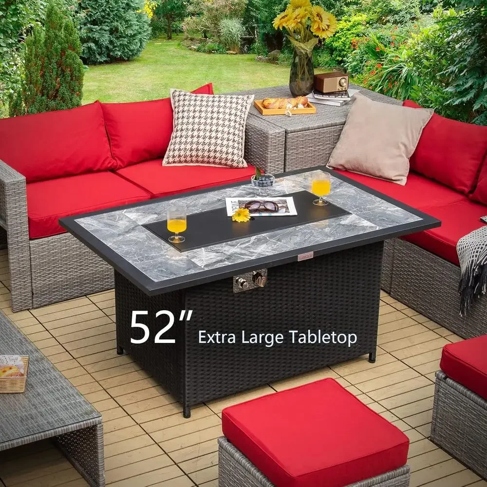 50,000 BTU Outdoor Propane Fire Pit Table with Auto-Ignition, Marble Top, Lava Rocks, Cover, and Lid