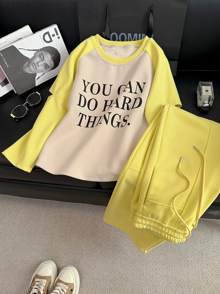 

Casual Letter Print Long Sleeve round Neck Sweatshirt High Waist Wide Leg Pants Women's Two-Piece Set Autumn New Arrival