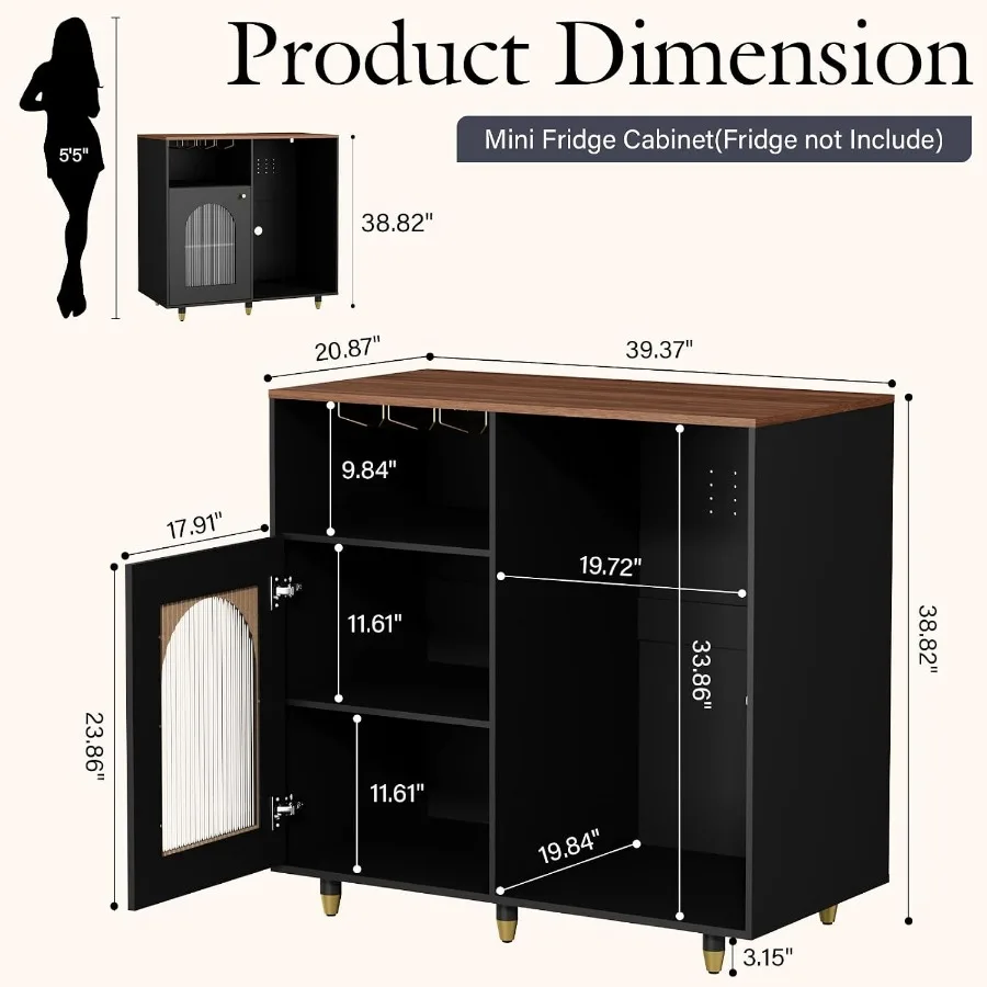 Mini Fridge Cabinet, Coffee Bar Cabinet with Fridge Space and Arch Glass Door