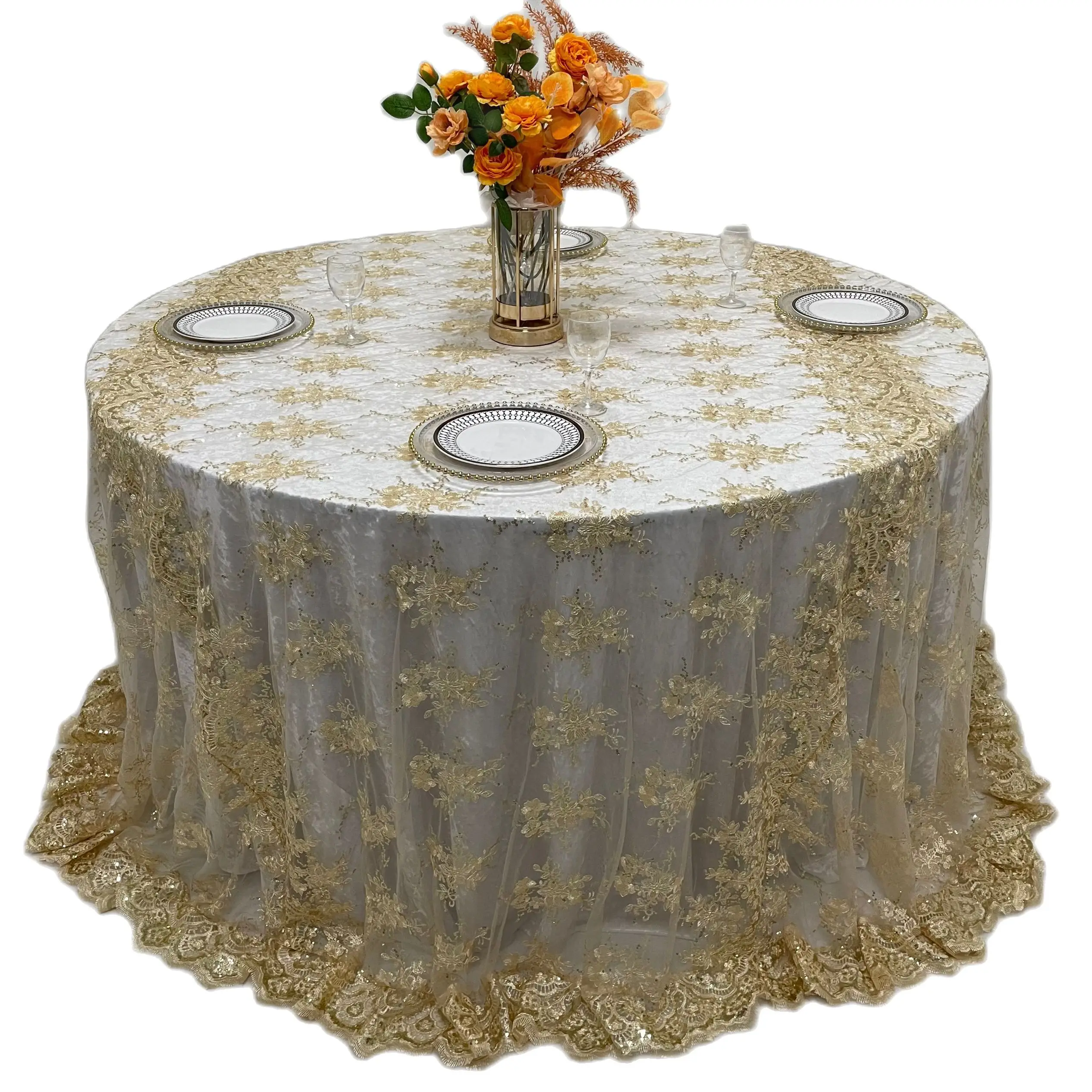 TL002R2 Gold Embroidered Round Lace Tablecloth Table Overlay For Home Decor Weddings Party Textiles 90'' Round