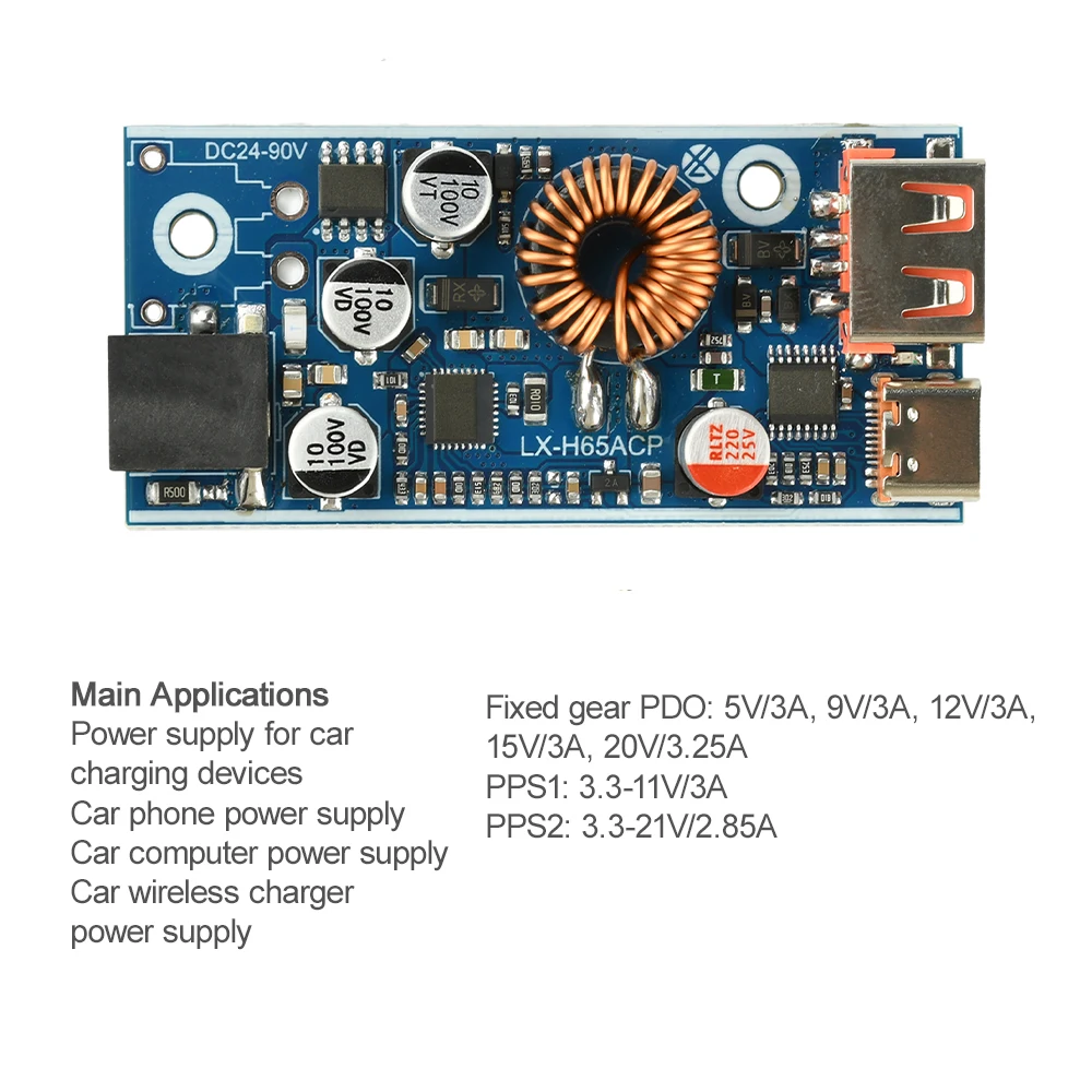 DC 20–96V PD 65W Buck Module, PD/QC 2.0 and 3.0 Dual USB Type-C Fast-Charging Adapter, Suitable for Apple, Huawei and Others
