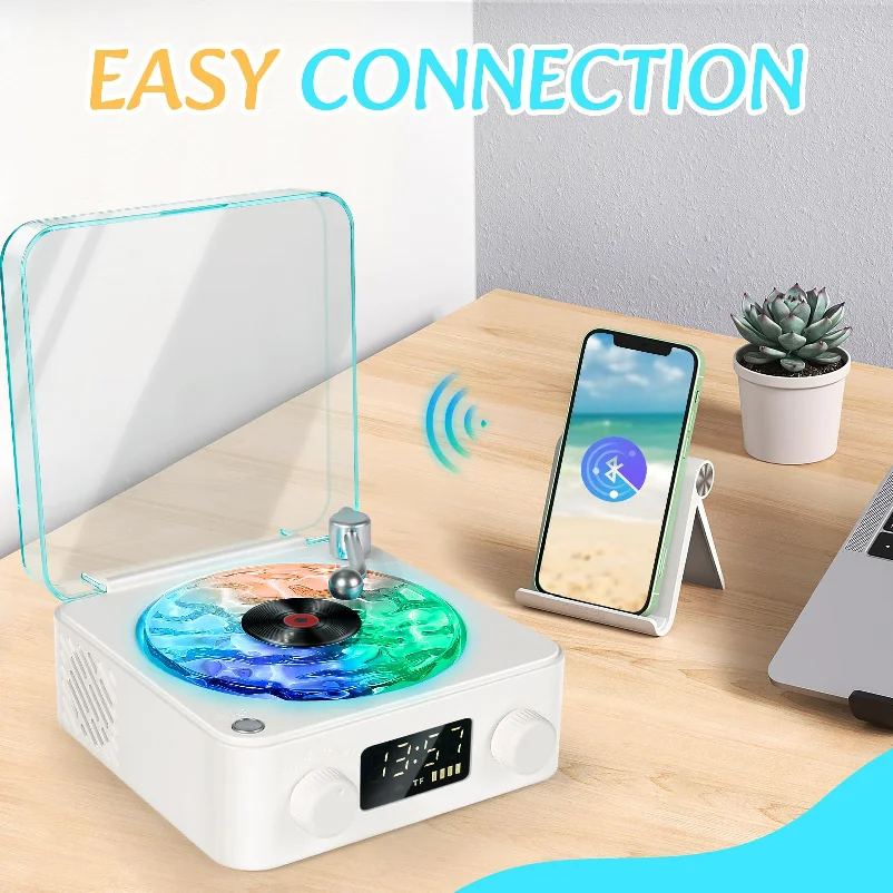 Portable Wave Vinyl Record Player Sleep Aid 360° Stereo Noise Surround Retro Speaker Mini Sound Bluetooth White Support TF Card