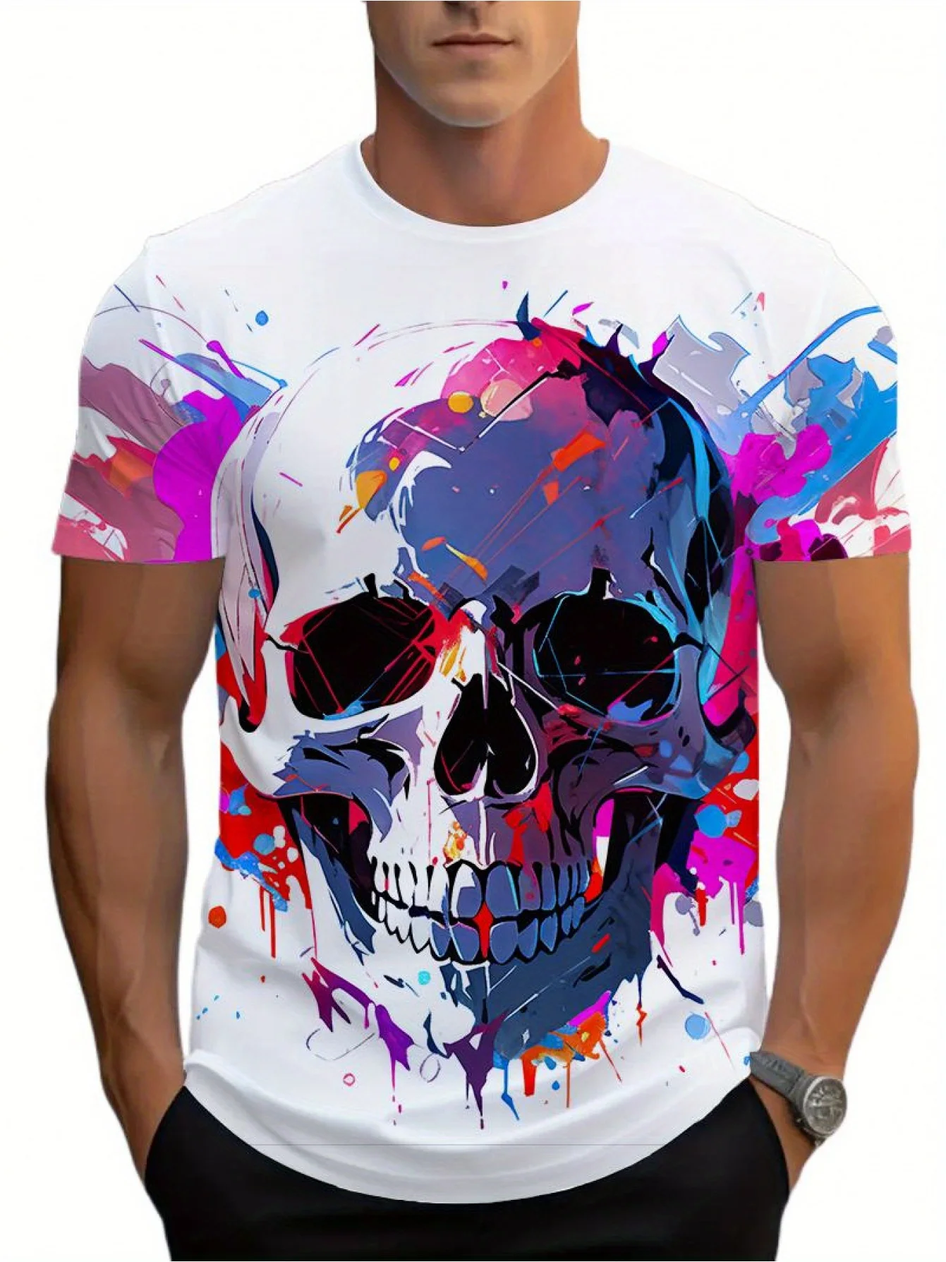 Men Short Sleeve T‑Shirt Colorful Splatter Paint Skull Graffiti Print Crew Neck Casual Tops