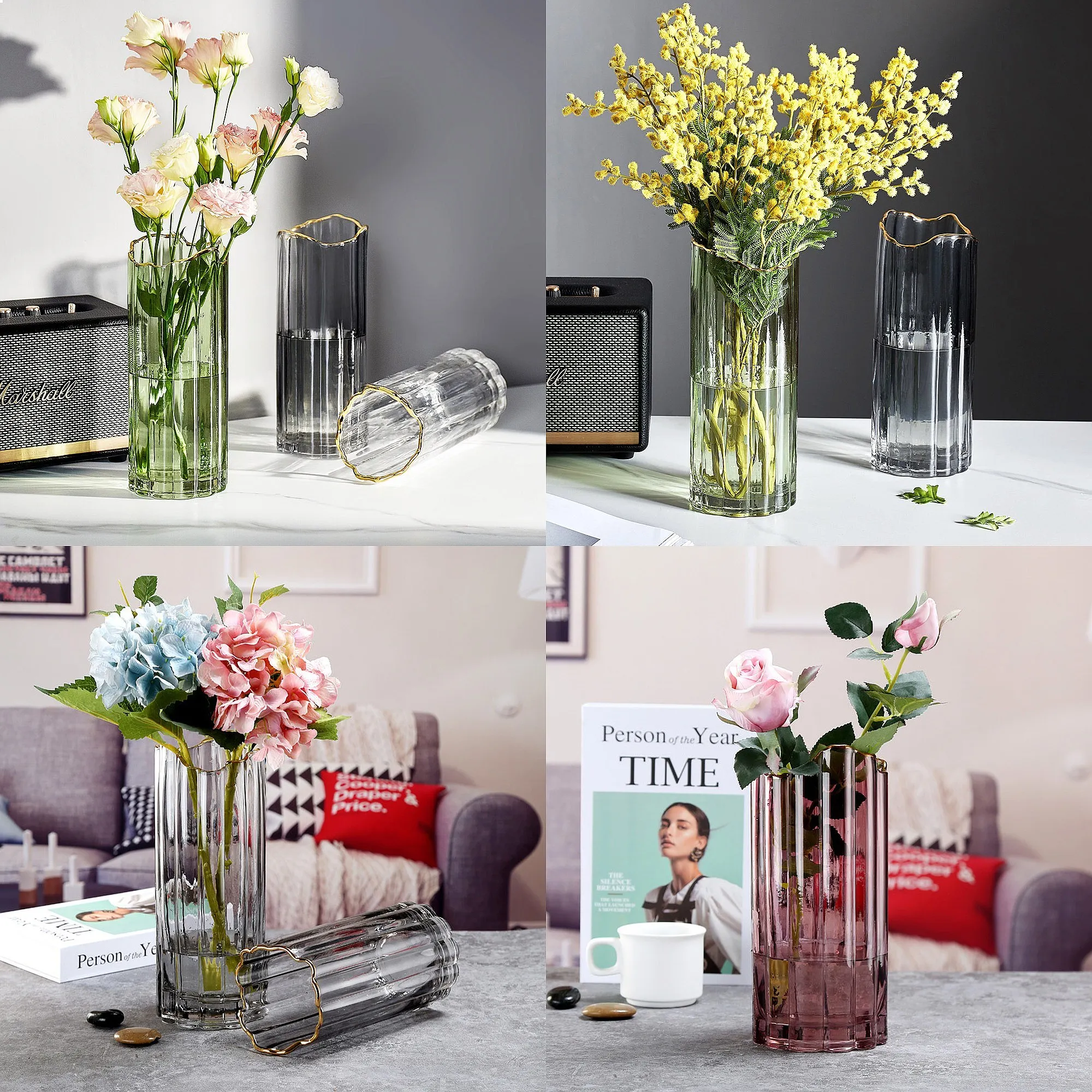 Nordic Creative Irregular Gilded Glass Vase Decoration, Colorful Living Room Simple Flower Arrangement and Rich Bamboo Vase