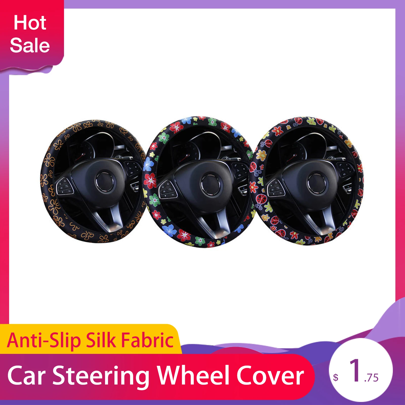 Car Anti-Slip Interior Steering Wheel Cover Skidproof Auto Steering-Wheel Cover Flower Printing Silk Fabric Car-styling