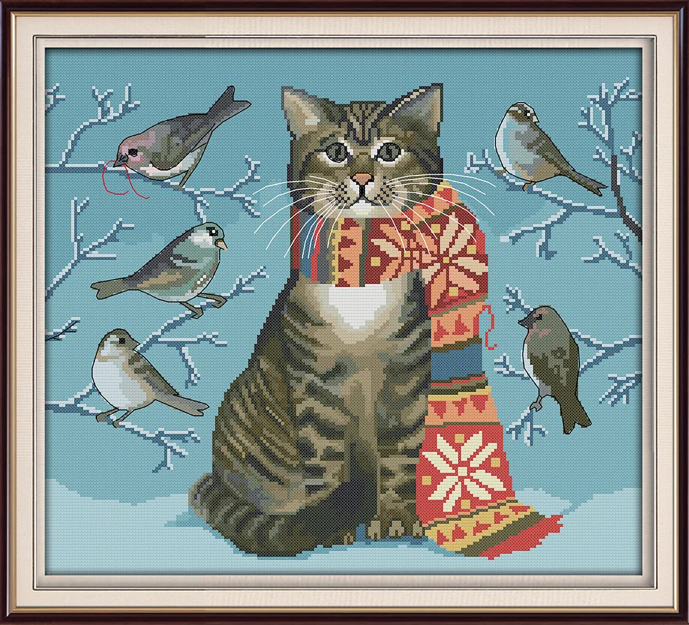 

Joy Sunday New Stamped Cross Stitch Ki,11CT/14CT/16CTDIY Easy Pattern Aida Fabric Embroidery Set-A Cat and Birds