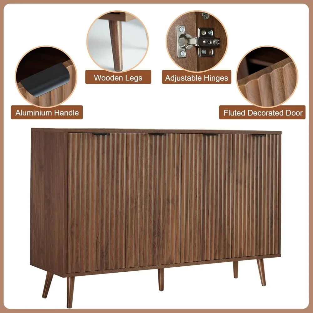 Aparador estriado para buffet con almacenamiento, mueble de almacenamiento con 4 puertas decoradas, mueble de madera para cafetería con patas de madera maciza