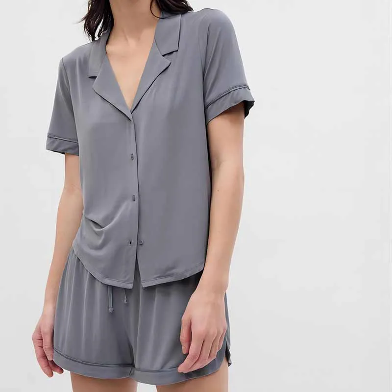 Women Summer Comfy Pajama Set Solid Color Short Sleeves Blouse Shirt and Elastic Shorts Loungewear Soft Sleepwear Nightwear