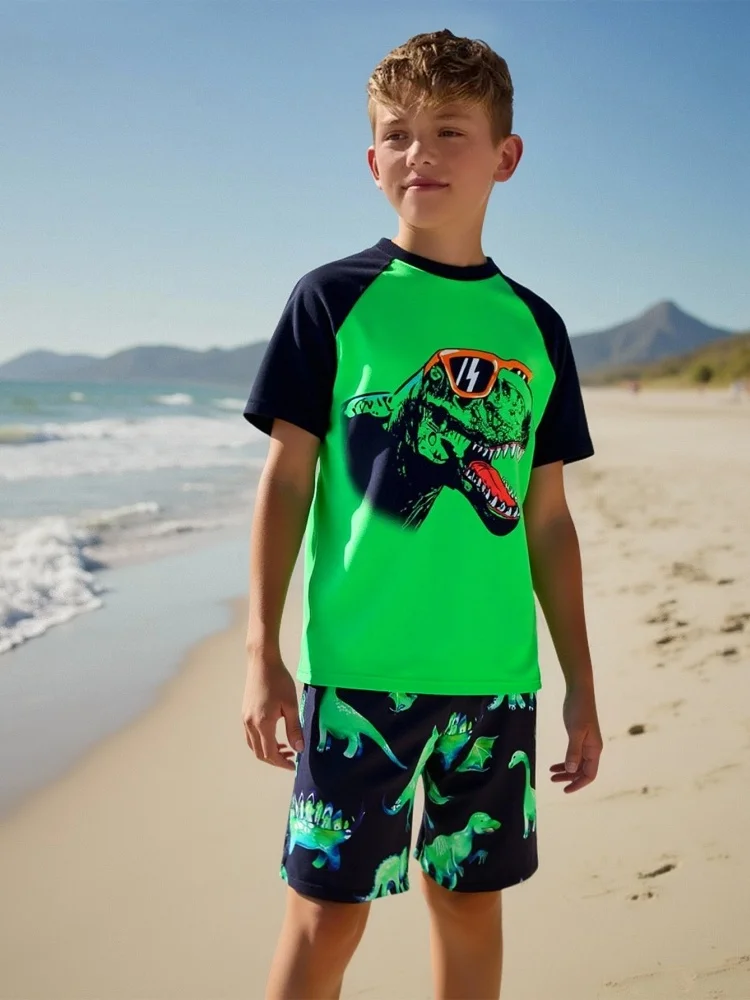 Boy Kids Swimsuit 2026 New Green Short Sleeves Dinosaur Two Piece Children Swimwear Summer Beach Shorts Bathing Suit Swimming