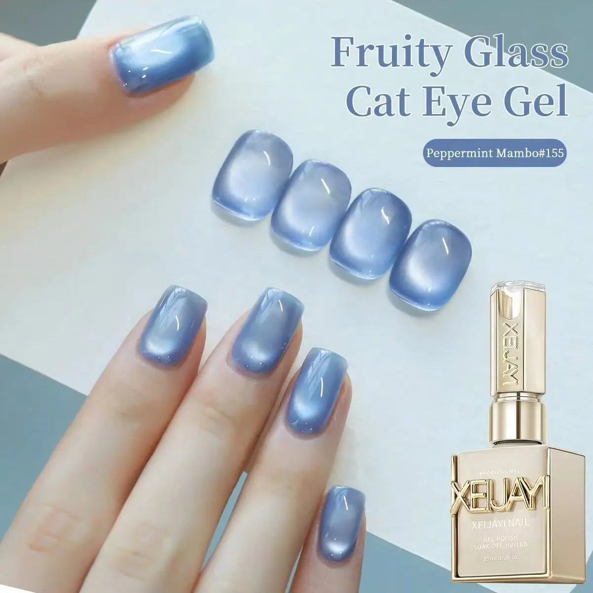 XEIJAYTI 1 szt. Szklany Lakier Hybrydowy do Paznokci Efekt Kociego Oka, Połyskujący Miętowy Zielony Lakier Hybrydowy Soak Off, Magnetyczny Efekt do Paznokci do Salonu i Manicure Domowego