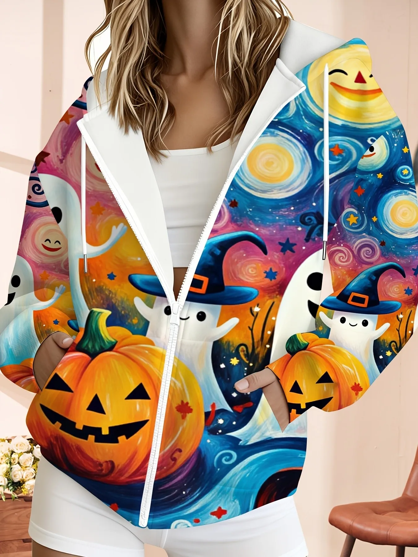 2026 autumn and winter new style women's zipper hooded sweater with 3D pumpkin pattern print casual and comfortable