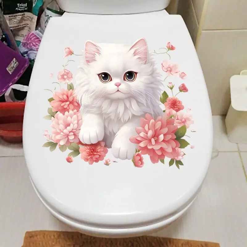 MT06# White Cat In Flowers Cute Cartoon Self-adhesive Home Decoration Wall Stickers Toilet Water-proof