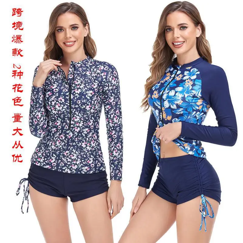 

Bathing Suit Women European And American Swimwear Split-type Long-sleeved Conservative Printing Sexy Belly Covering And Thin Hig
