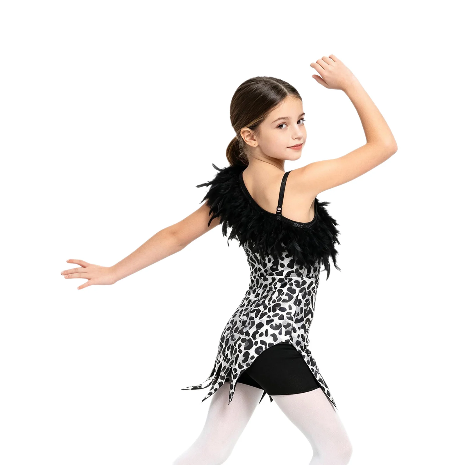Kids Girls Prehistoric Cave Costume Leopard One Shoulder Faux Feather Sleeveless Leopard Dress Carnival Party Performance Outfit