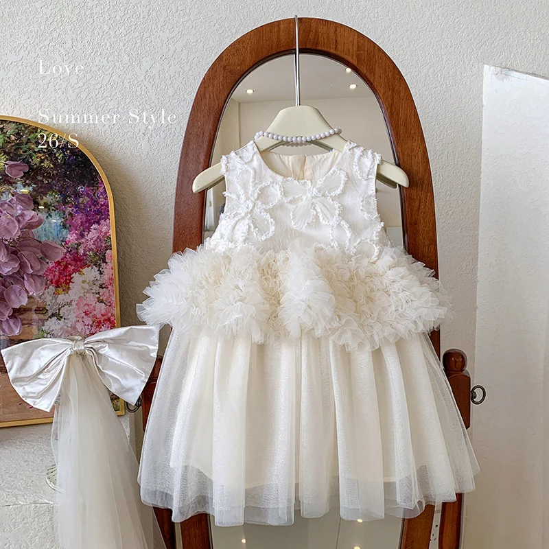 New Girls Cake Princess Dress With Bow-Tied Veil Sweet Kids Floral Birthday Gown Ball Children Mesh Splicing Dress 2-8 Years Old