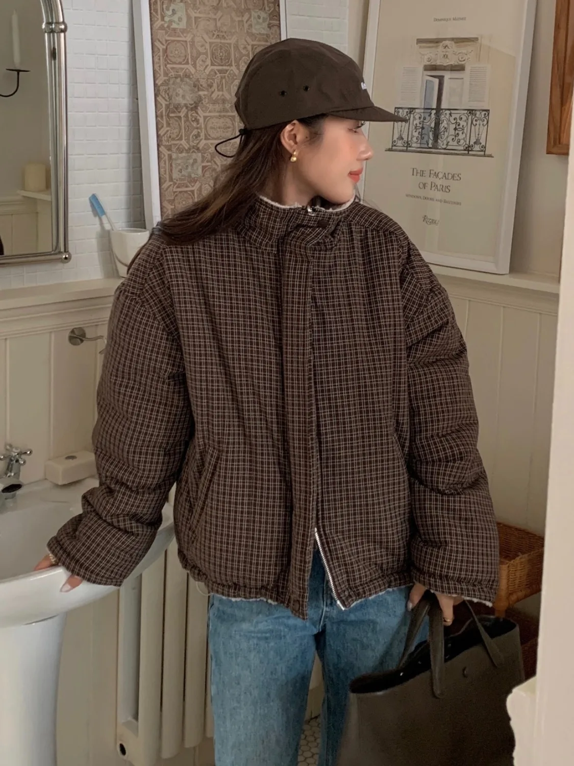 

Корейская двусторонняя одежда, клетчатая хлопковая куртка, женская зимняя повседневная шуба из овечьего меха, теплая весна-осень-зима