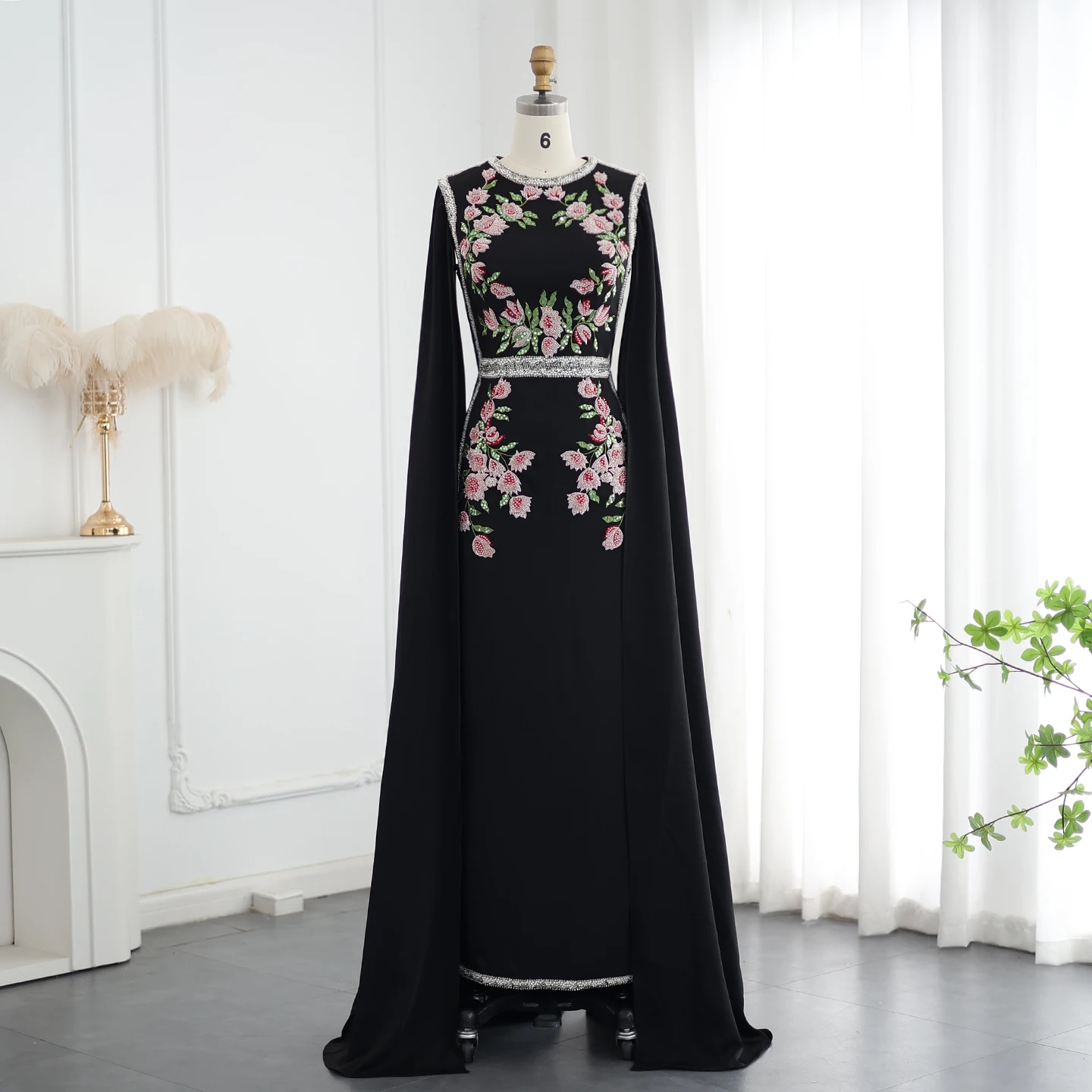 Sharon Said-Robe de soirée noire brodée de perles pour femmes, robes de luxe avec manches cape, fête de mariage de Dubaï, tout ce qui est personnalisé, SS487