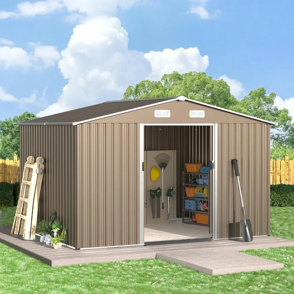 

10'x8' Outdoor Storage Shed Outdoor Galvanized Metal Tool Garden Shed with Vents & Sliding Door for Patio, Lawn, Backyard,Brown