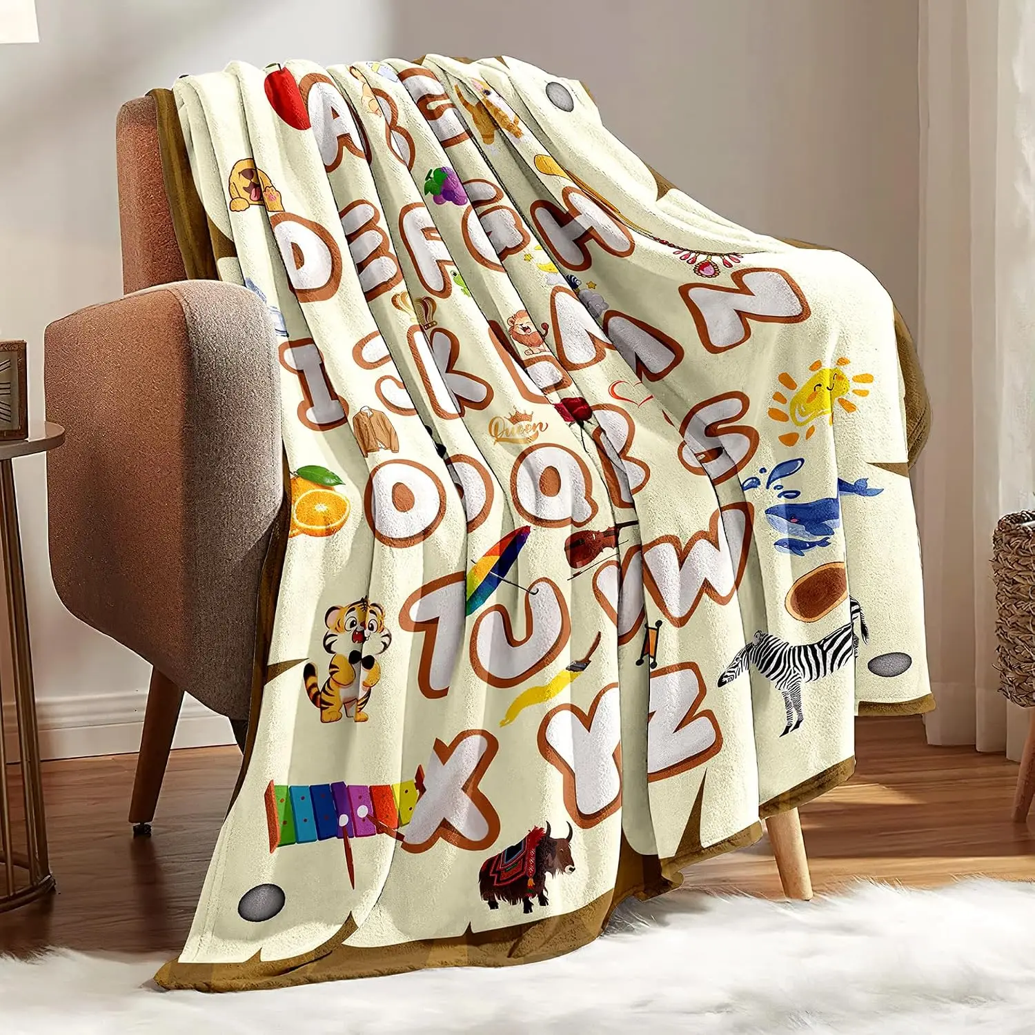 Cute ABC Letter Animal Fruit Cartoon Pattern Cream Background Flannel Throw Blanket, Warm Cozy Blanket, Kids Bedroom Decor Gift