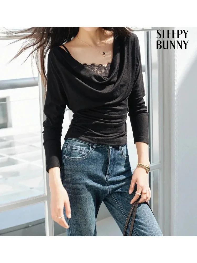 

Draped Neck Lace Trim Top Slim Fit Long Sleeve Shirt Women Elegant Black Blouse Autumn Fashion Casual Soft Stretchy Base Layer