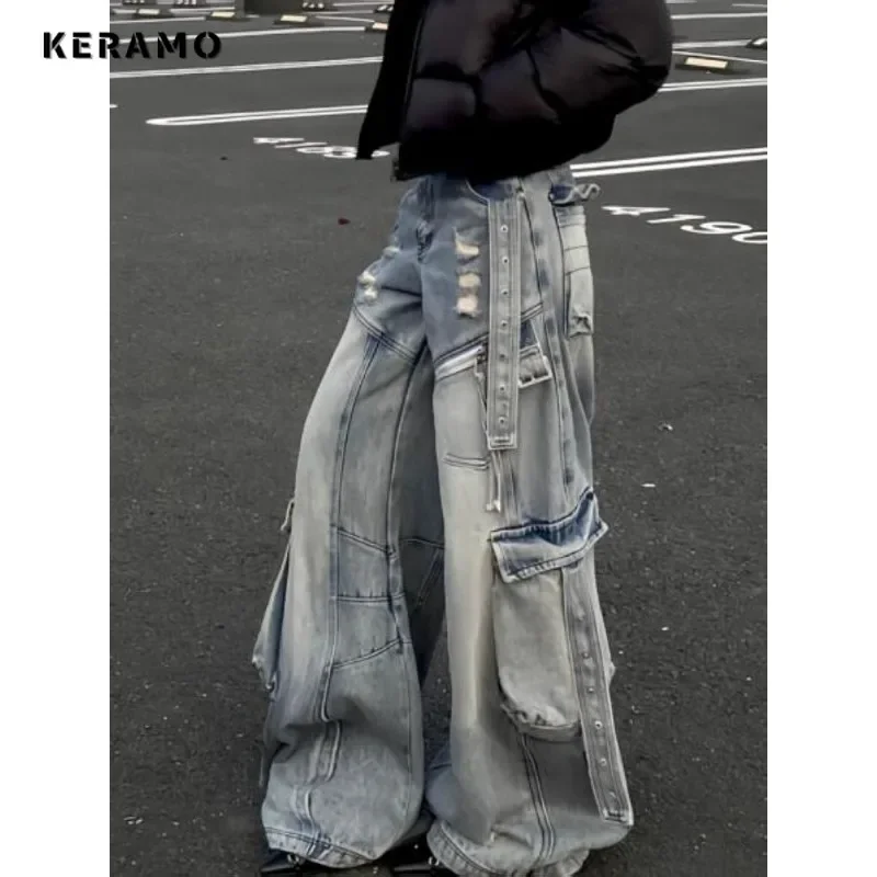 Grunge High Street Full Length Denim Trouser Vintage Washed Casual Classic Emo Pants Women's Y2K Trashy Belted Design Jeans