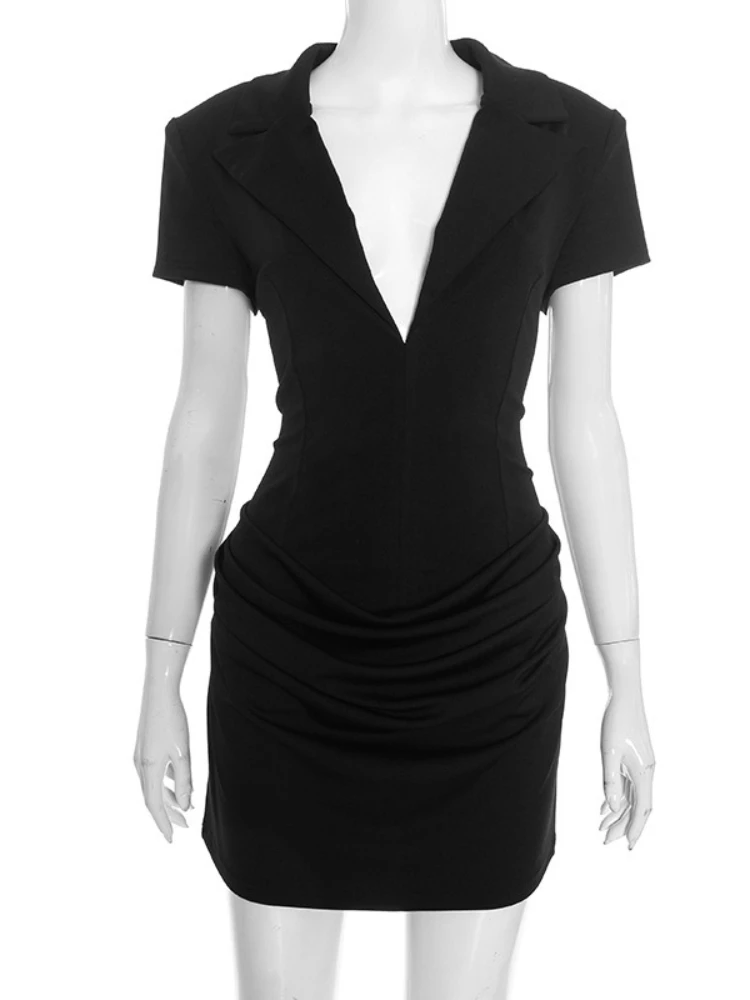 فساتين نسائية أنيقة برقبة على شكل حرف v وأكمام قصيرة مكشكشة فساتين مكتب سيدة 2026 تونيك عالي الخصر فستان حفلات قصير متين ملابس خروج