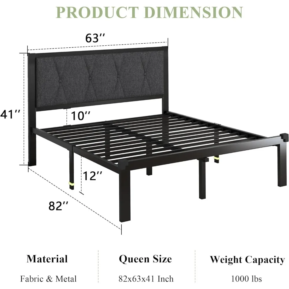 Metal Bed Frame with Fabric Button Tufted Headboard, Platform Bed Frame with Heavy Duty Metal Slats