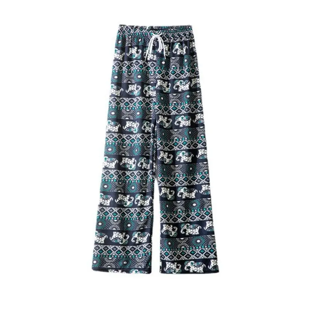 Colorful Thai Elephant Printed Pants Comfy Boho Pattern Wide Leg Pants for Women High Waist with Strap Women's Harem Pants