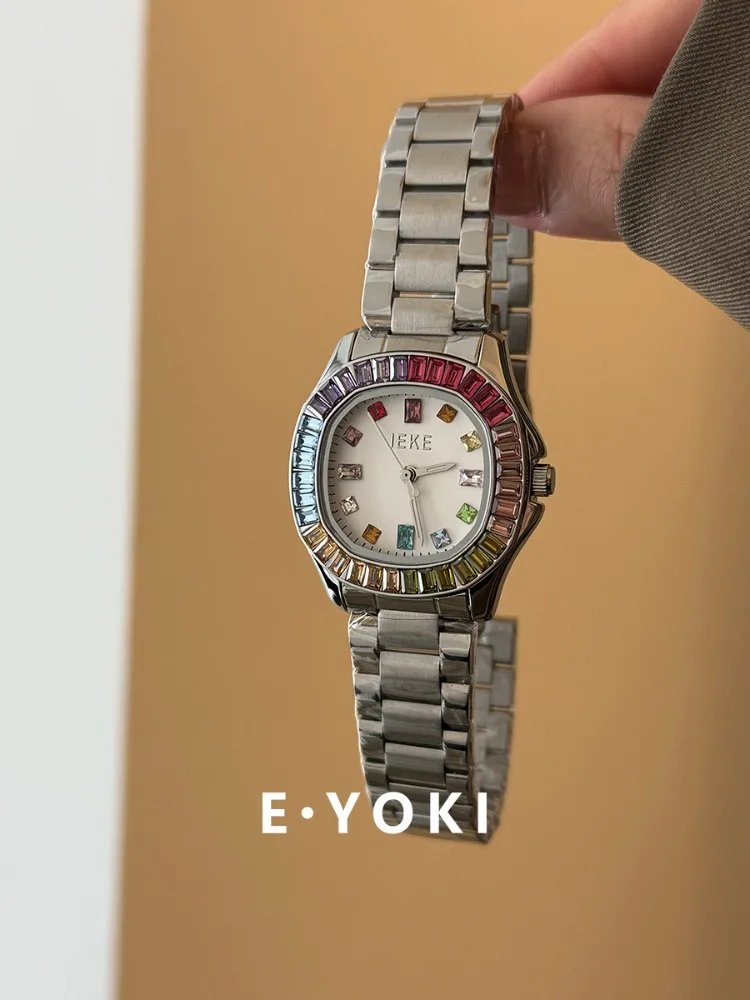 Fashion Women's Watch Rainbow Stone Dial Delicate Digital Quartz Watch Stainless Steel Women's Watch Luxury Gift