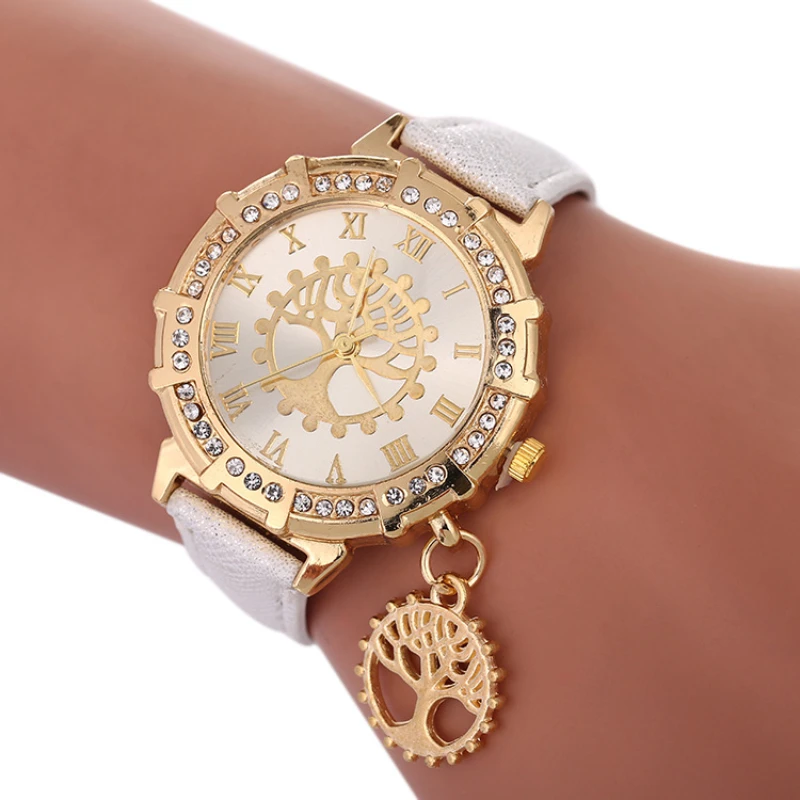 

Roman Numeral Diamond Women's Watch Luxury Golden Tree of Life Pattern Pendant Quartz Watches Fashion Belt Women Watch Relogio