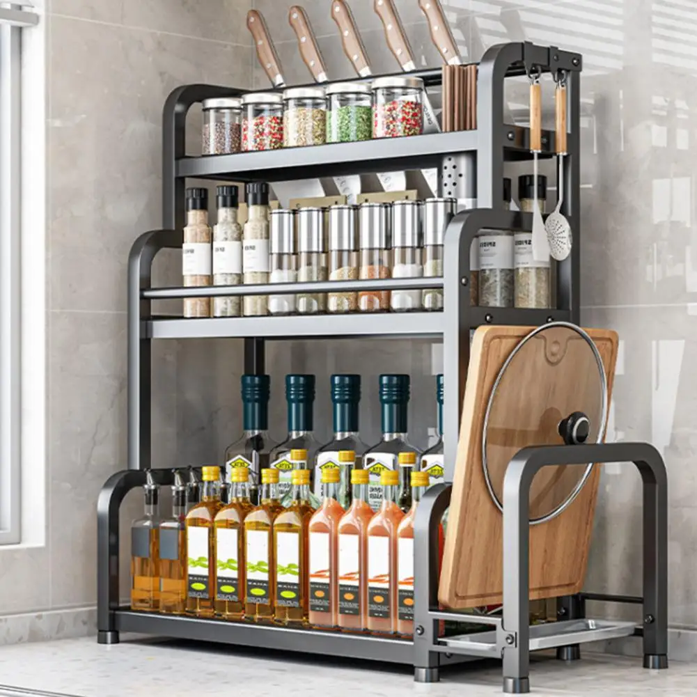 Stainless Steel Kitchen Storage Rack, Multi-layer Oil, Salt, Sauce, Vinegar Storage Rack, Folding Rack, No Drilling Required