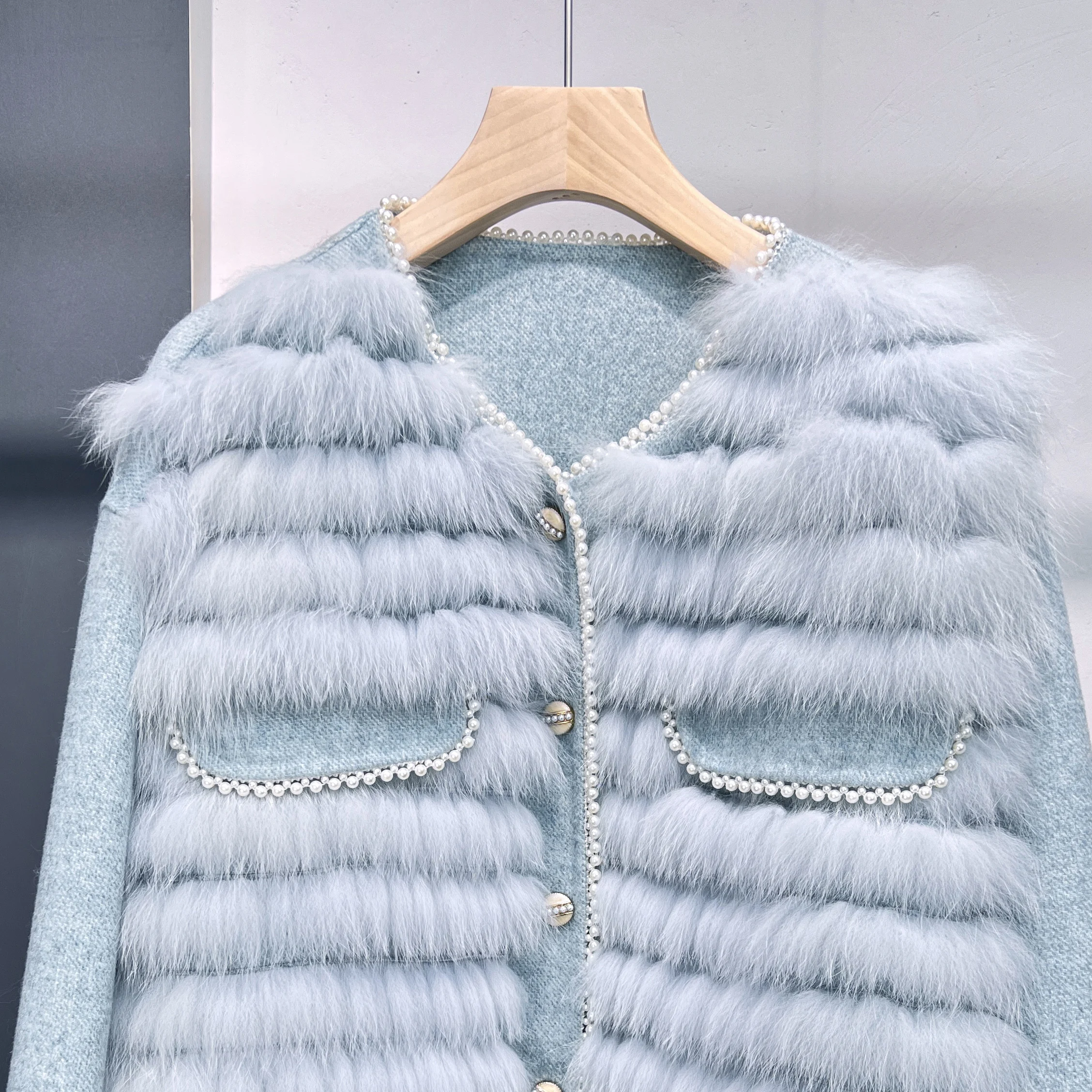 New Blue Real Fur Coat Women'S Short Natural Fox Hair Stripe Cashmere Reversible Jacket Korean Fashion