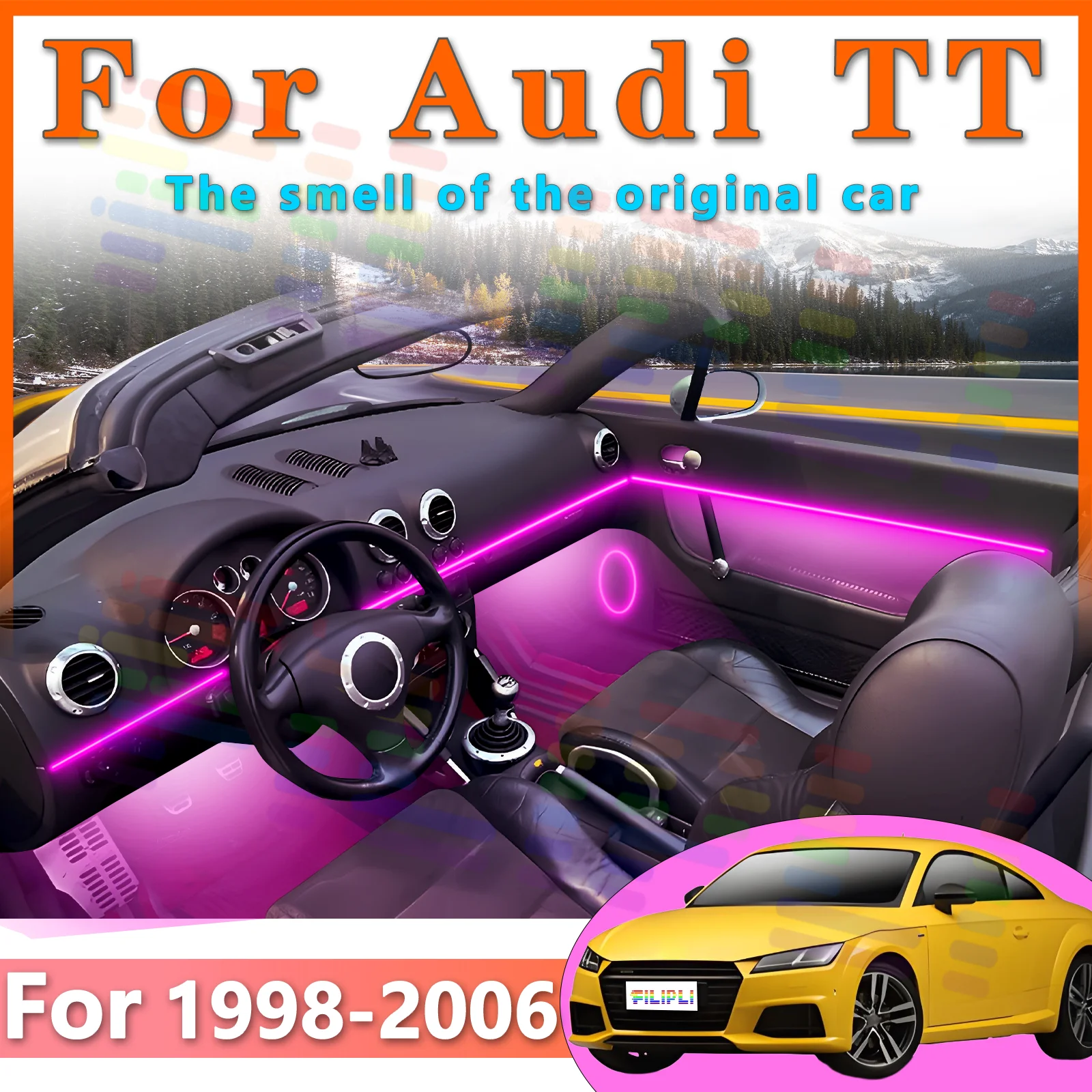 

Для Audi TT 1998-2006: Светодиодная RGB-подсветка салона, оптоволоконная неоновая невидимая атмосферная лампа, декоративная отделка с управлением через приложение