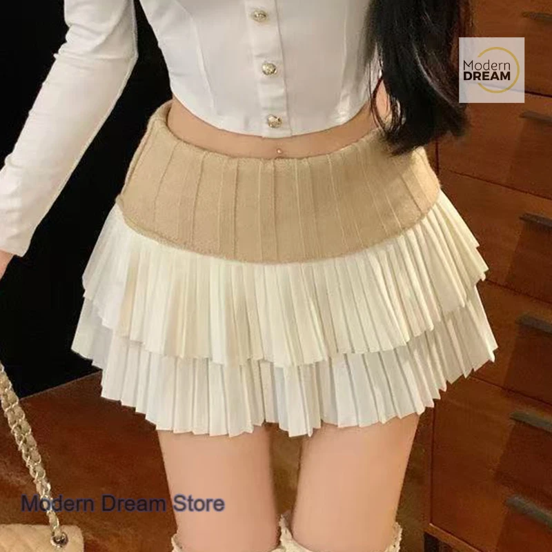 French lace pleated skirt women's autumn and winter new sweet and fashionable contrast high waist slim skirt A spice girl skirt