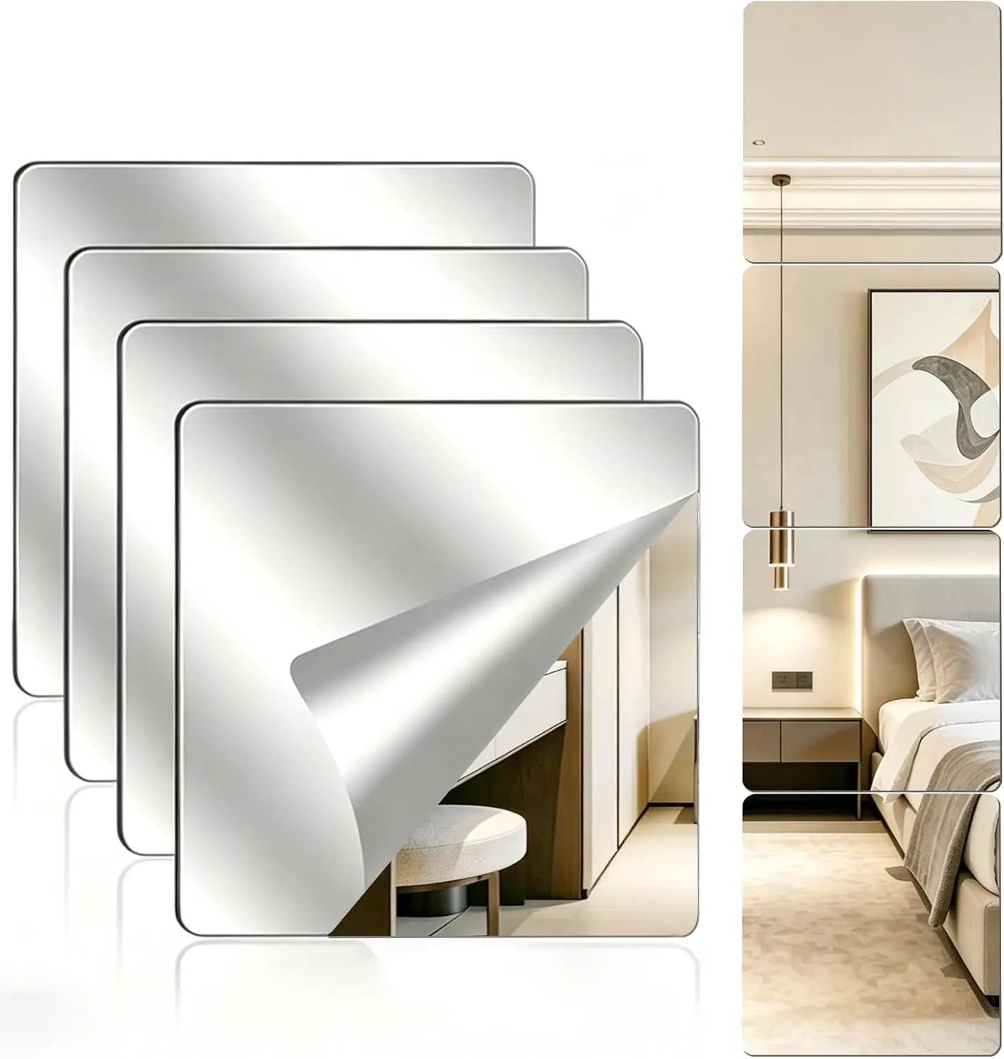 4-piece Set of Thickened Acrylic Mirrors for Walls, 8 x 10 x0.11-inch self-Adhesive Frameless Small Mirror Tiles, Flexible Plast