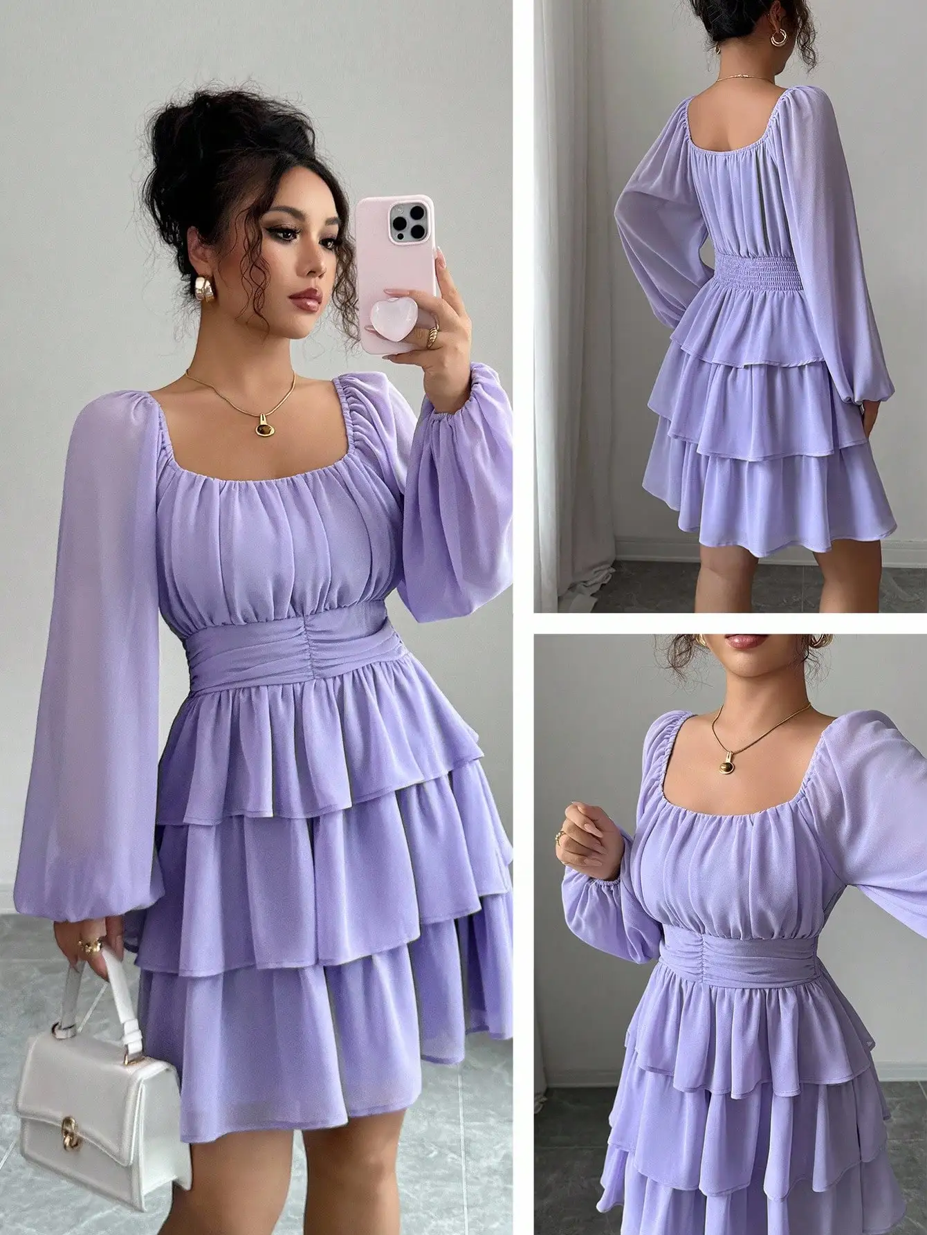 

Elegant Square Neck Ruched Waist A-Line Tiered Hem Lantern Sleeve Mini Dress For Women