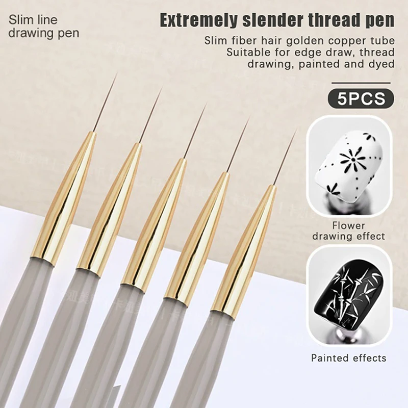 5Pcs Acrylic Handle Extremely Fine Nail Art Liner Pens DIY Painting Brushes for Drawing Lines Stripes Flowers UV Gel Brush
