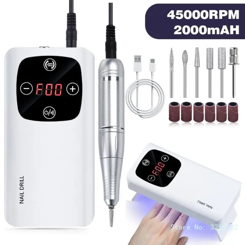 2 in 1 Electric Nail Drill Set Electric Nail Files Nail Lamp 45000RPM Nail Drill Machine with Drill Bits and LCD Screen